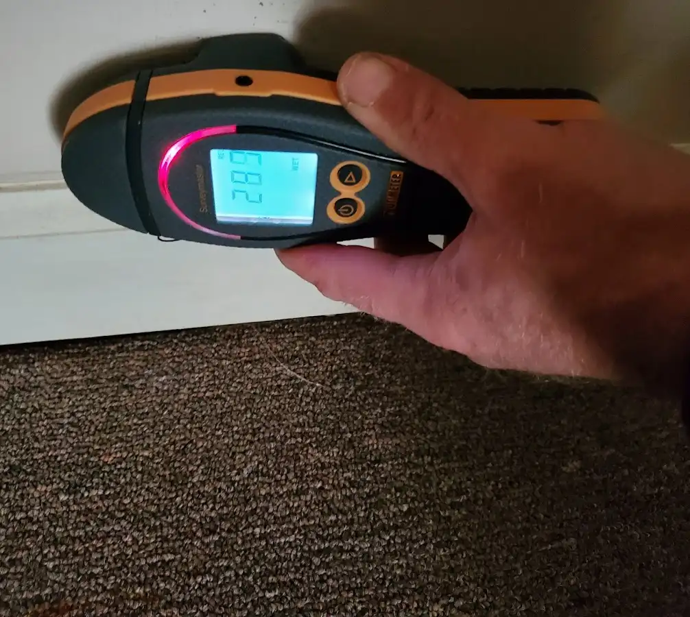 Moisture detection at baseboard during Storm Damage Restoration in Brownsville